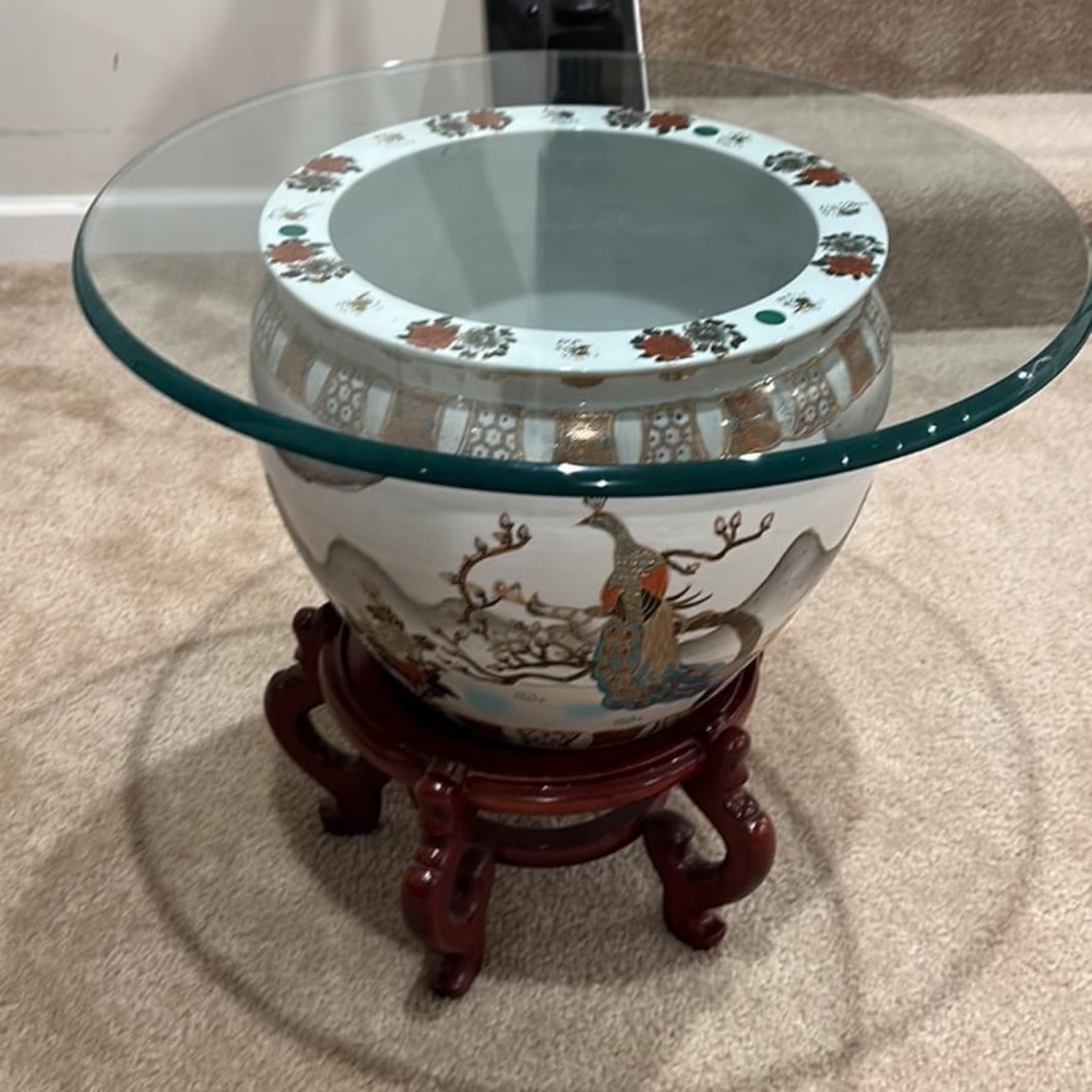 Chinese Porcelain Fish Bowl With stand Round Glass Top End Table Peacock Design